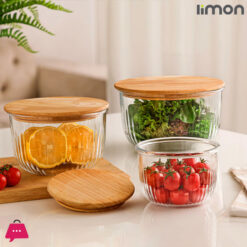 Limon Round Glass Bowl With Bamboo Lid Microwave Safe