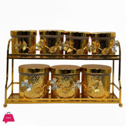 Luxury 8-Piece Gold-Tone Canister Set With 2-Tier Rack Ornate Kitchen Spice, Tea, Or Dry Food Storage Jars
