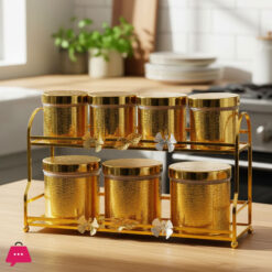 Luxury 8-Piece Gold-Tone Canister Set with 2-Tier Rack Ornate Kitchen Spice, Tea, or Dry Food Storage Jars