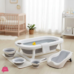 Newborn to Toddler Collapsible Baby Bath Tub Set with Bucket and Spoon 5 in 1