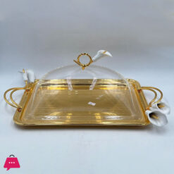 Orchid Flower Rectangle Serving Plate With Acrylic Lid And Ornate Gold Handles