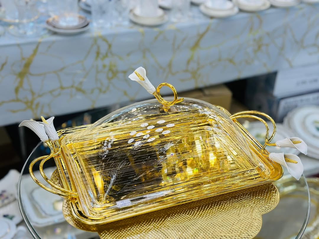 Orchid Flower Rectangle Serving Plate With Acrylic Lid And Ornate Gold Handles