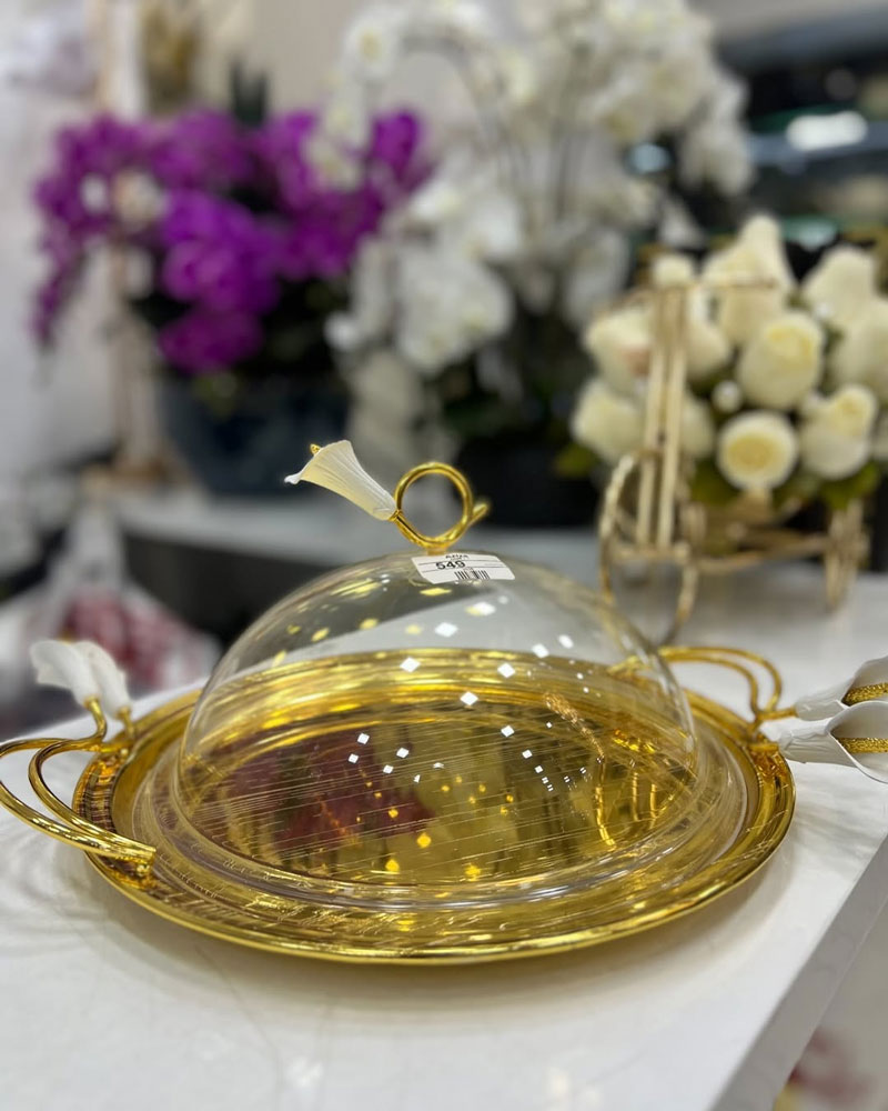 Orchid Flower Round Serving Plate With Acrylic Lid And Ornate Gold Handles