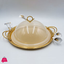 Orchid Flower Round Serving Plate With Acrylic Lid And Ornate Gold Handles