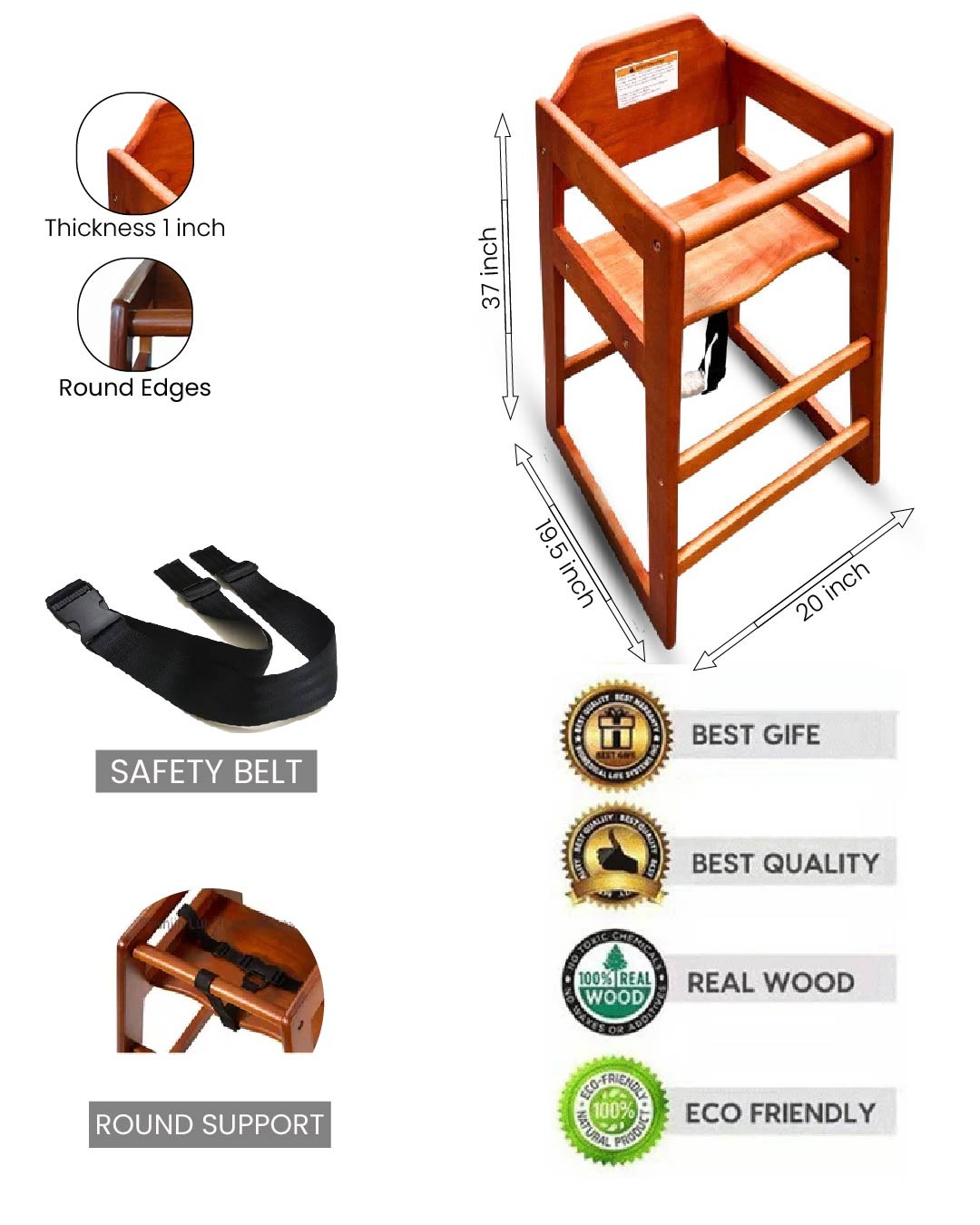 Premium Wooden Restaurant-Style Baby High Chair With Safety Belt
