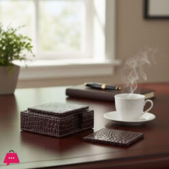 Classic Style PU-Leather Coaster Set – 6 Pieces with Holder