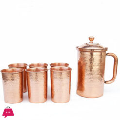 Pure Copper Jug Set Hammered Design Premium Quality 2Ltr. Jug 6 Glasses 400Ml Glass