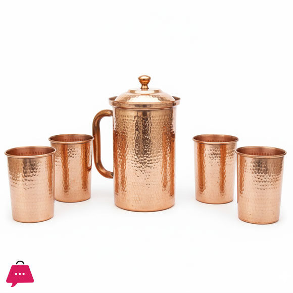Pure Copper Jug Set Hammered Design Premium Quality 2Ltr. Jug 6 Glasses 400Ml Glass