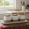 Stoneware Spice Jar Set of 3 with Spoon & Wooden Lid
