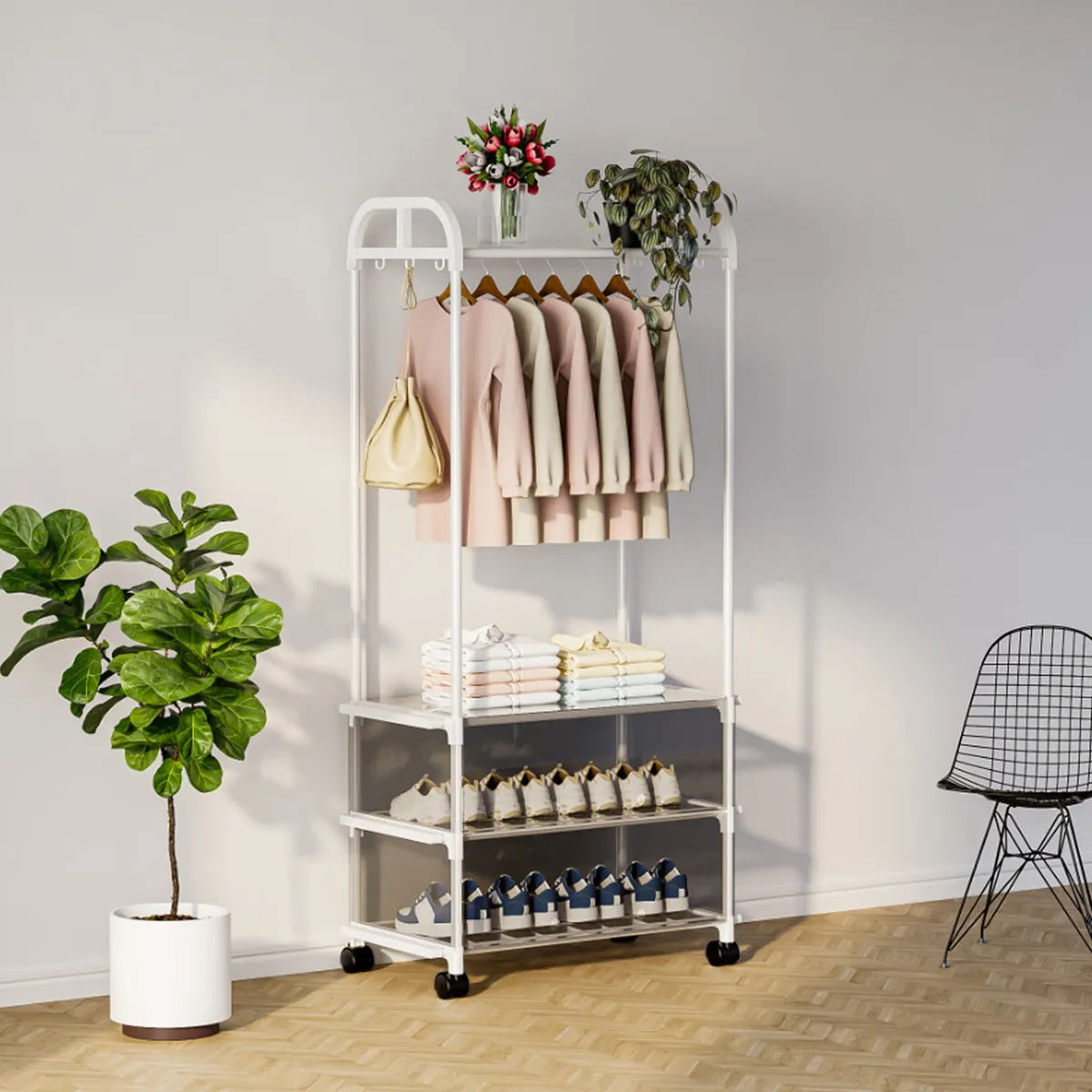 White Clothes Shoe Organizer Wardrobe Hanger Clothes Rack