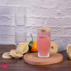 12Oz Ribbed Drinking Glasses With Lids &Amp; Straw Glassware For Juice Cocktail 4 12Oz Ribbed Drinking Glasses With Lids &Amp; Straw Glassware For Juice Cocktail