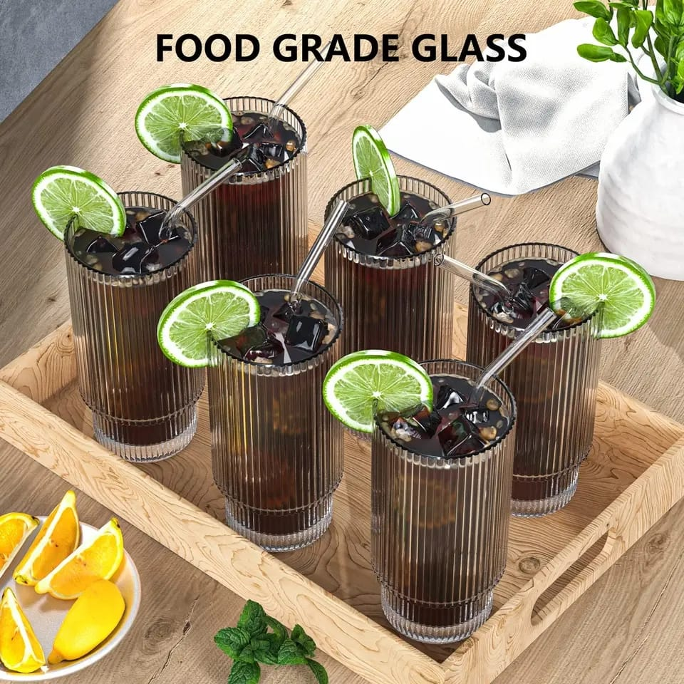 12Oz Ribbed Drinking Glasses With Lids &Amp; Straw Glassware For Juice Cocktail 6 12Oz Ribbed Drinking Glasses With Lids &Amp; Straw Glassware For Juice Cocktail