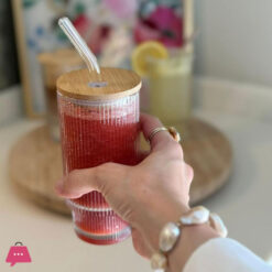 12oz Ribbed Drinking Glasses with Lids & Straw Glassware for Juice Cocktail