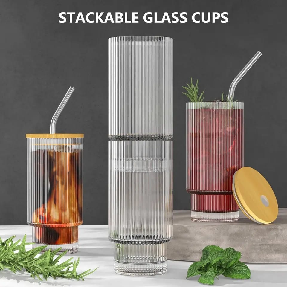 12Oz Ribbed Drinking Glasses With Lids &Amp; Straw Glassware For Juice Cocktail