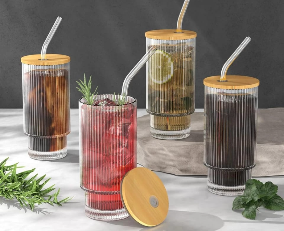 12Oz Ribbed Drinking Glasses With Lids &Amp; Straw Glassware For Juice Cocktail 5 12Oz Ribbed Drinking Glasses With Lids &Amp; Straw Glassware For Juice Cocktail