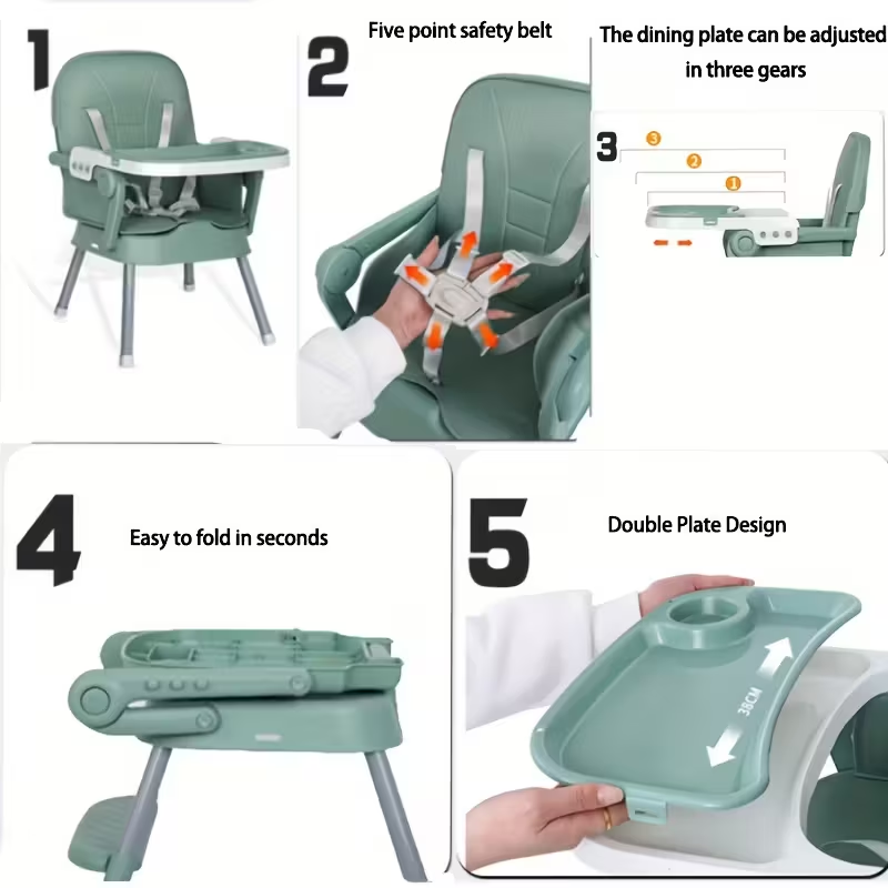 2-In-1 Folding High Chair With Height Adjustment 5-Point Safety Harness, Removable Dual Trays &Amp; Pu Cushion And Non-Slip Metal Legs - Lightweight