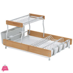 2 Tier Aluminum Dish Rack With Bamboo Frame