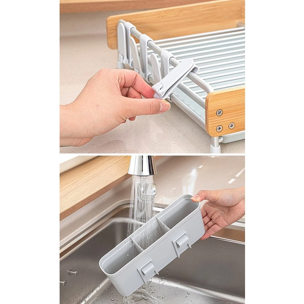 2 Tier Aluminum Dish Rack With Bamboo Frame