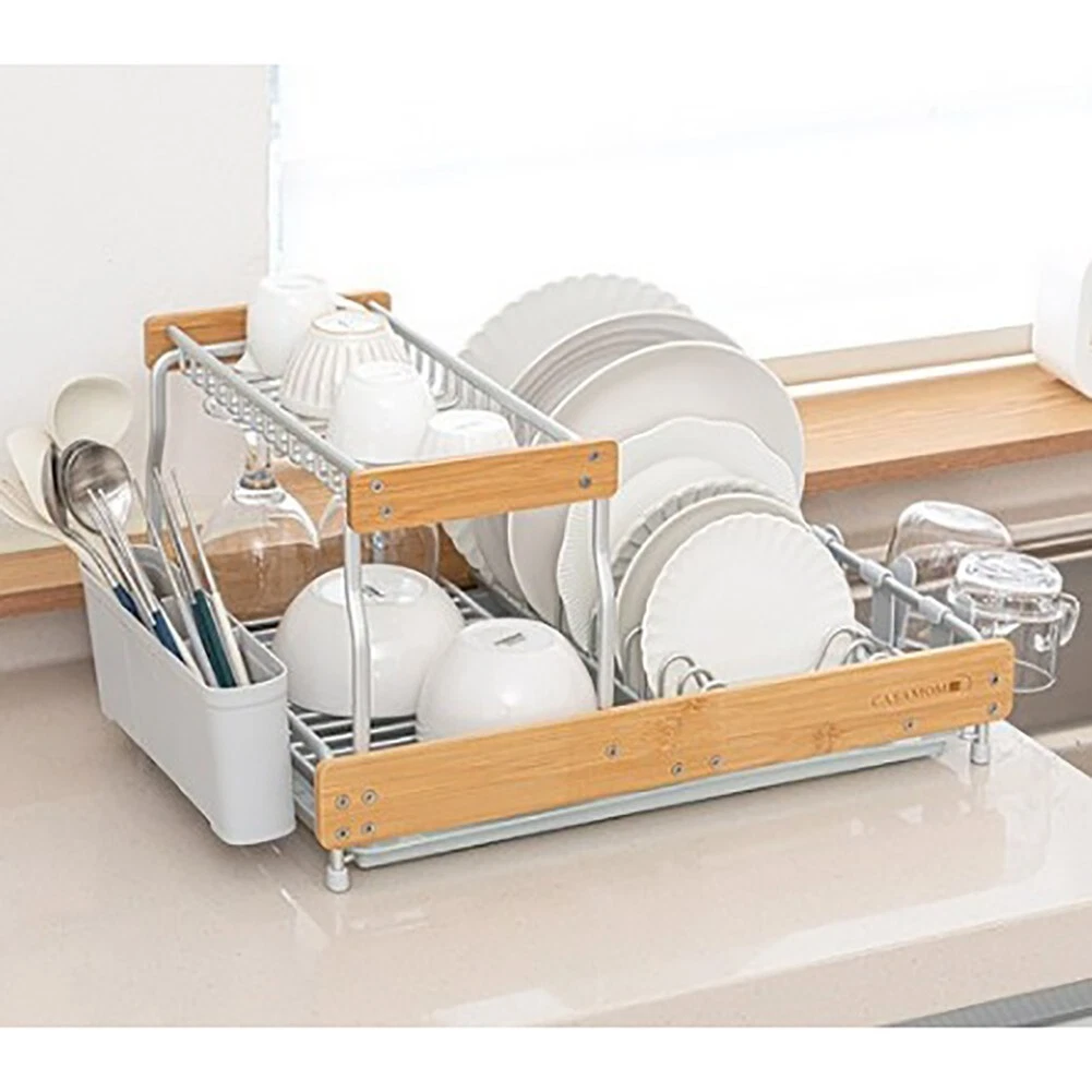 2 Tier Aluminum Dish Rack With Bamboo Frame 11 2 Tier Aluminum Dish Rack With Bamboo Frame
