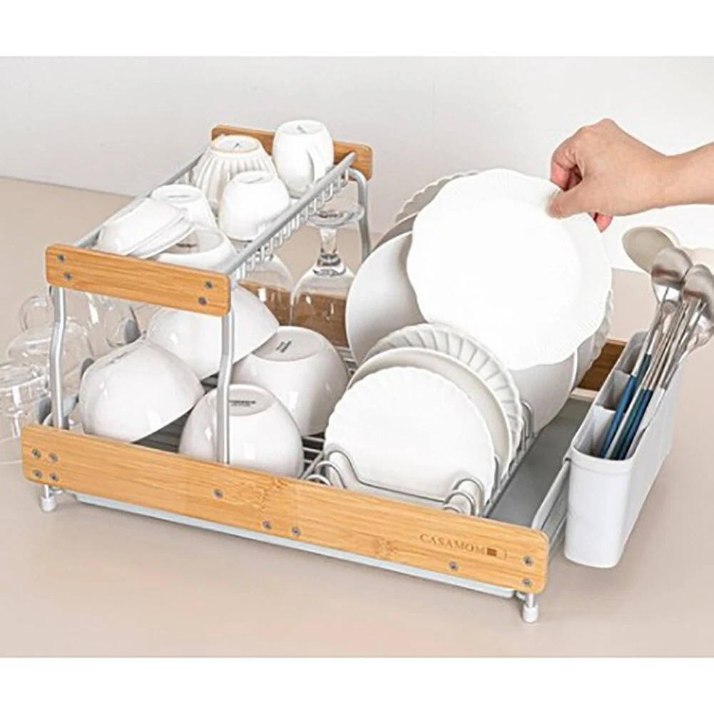 2 Tier Aluminum Dish Rack With Bamboo Frame