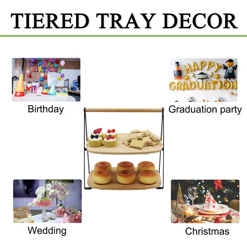 2-Tier Bamboo Serving Stand Modern Wood Display Cake Dessert Stand