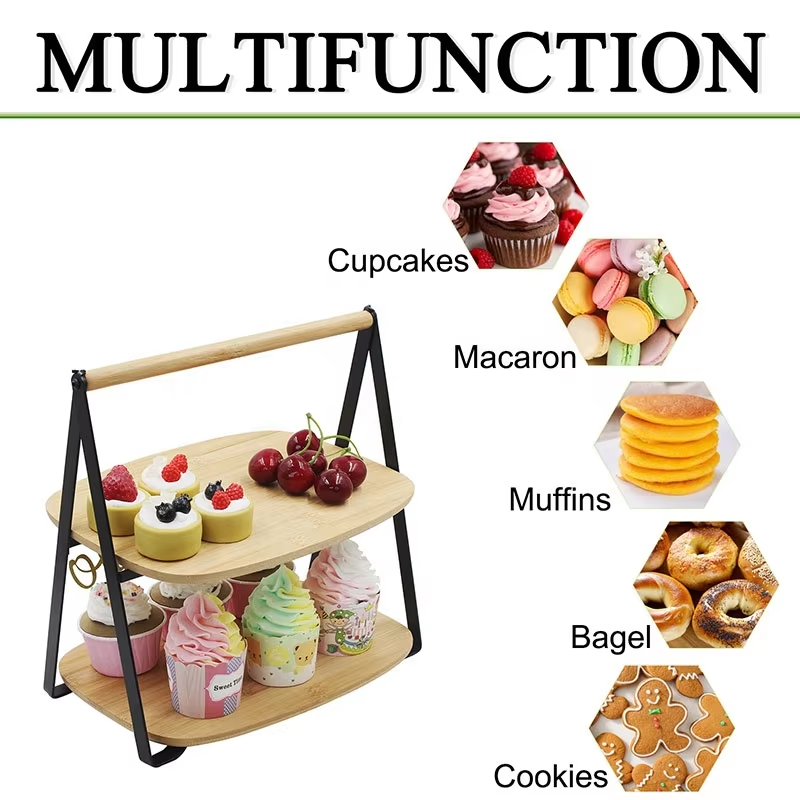 2-Tier Bamboo Serving Stand Modern Wood Display Cake Dessert Stand