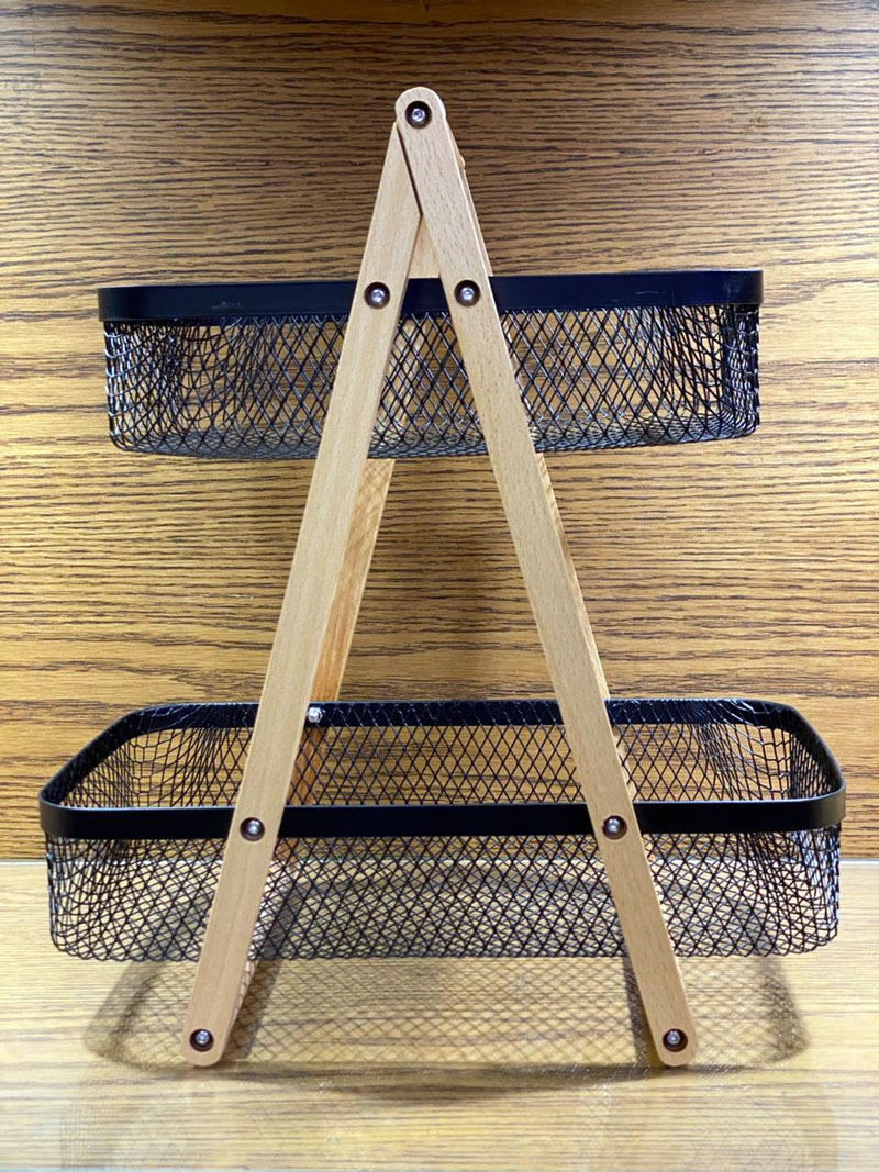 Premium Collapsible 2-Tier Mesh Storage Basket With Wood Frame