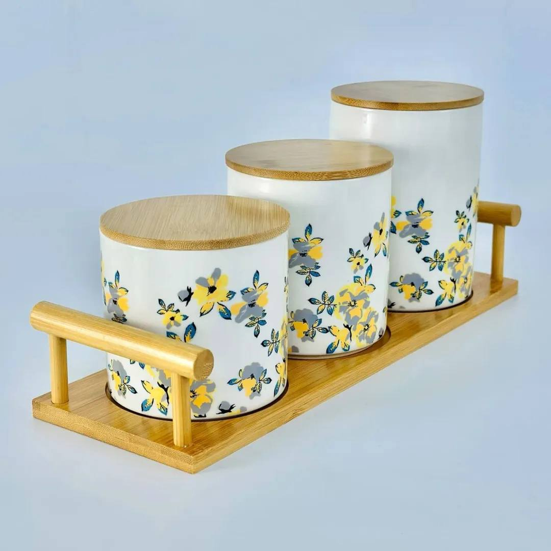 3-Pcs Ceramic Jar Set Bamboo Lid With Stand