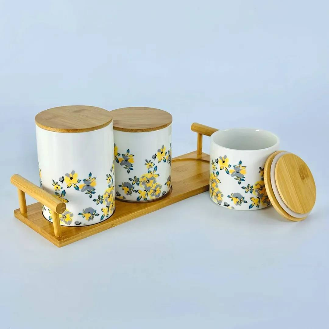 3-Pcs Ceramic Jar Set Bamboo Lid With Stand 6 3-Pcs Ceramic Jar Set Bamboo Lid With Stand
