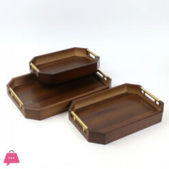 3-Piece Wooden Serving Tray Set With Gold Metal Handle 9 3-Piece Wooden Serving Tray Set With Gold Metal Handle