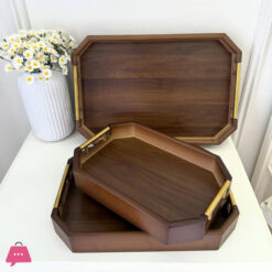 3-Piece Wooden Serving Tray Set With Gold Metal Handle 13 3-Piece Wooden Serving Tray Set With Gold Metal Handle