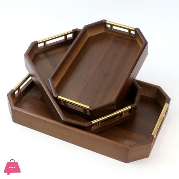 3-Piece Wooden Serving Tray Set With Gold Metal Handle 3 3-Piece Wooden Serving Tray Set With Gold Metal Handle