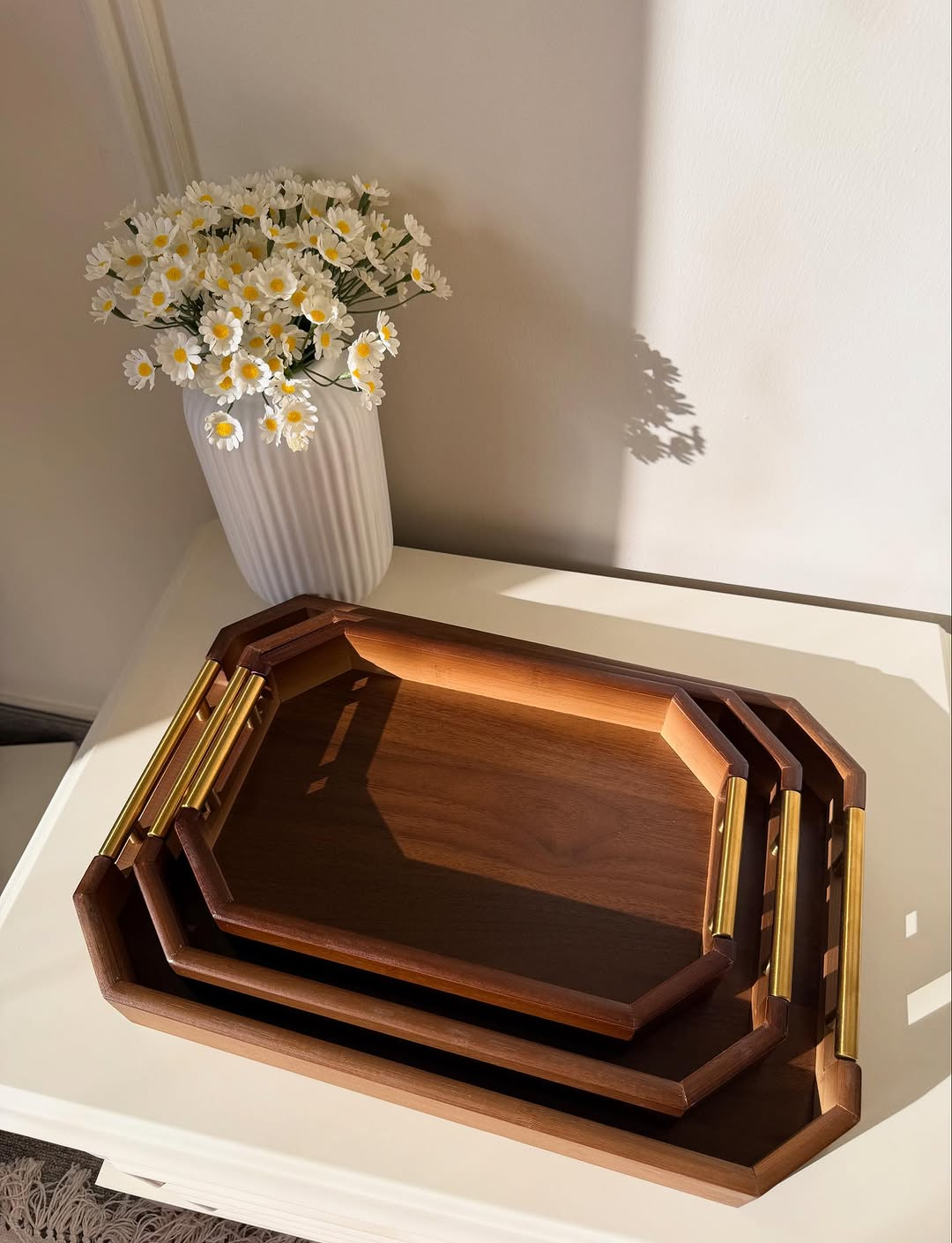 3-Piece Wooden Serving Tray Set With Gold Metal Handle 15 3-Piece Wooden Serving Tray Set With Gold Metal Handle