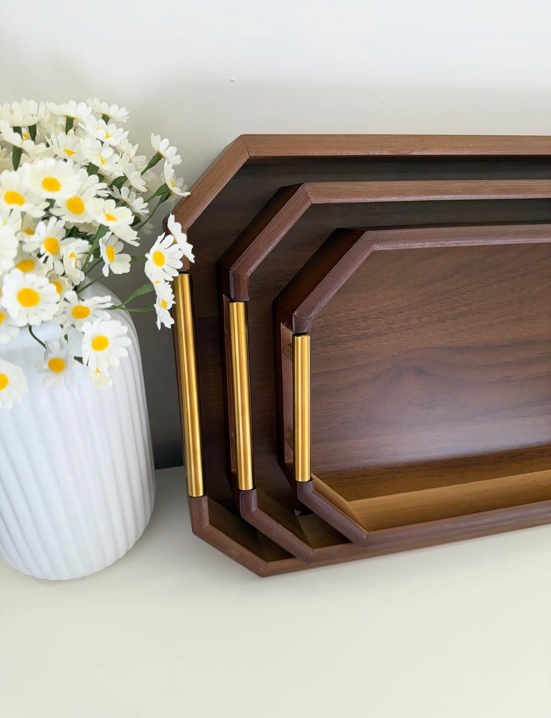 3-Piece Wooden Serving Tray Set With Gold Metal Handle 16 3-Piece Wooden Serving Tray Set With Gold Metal Handle