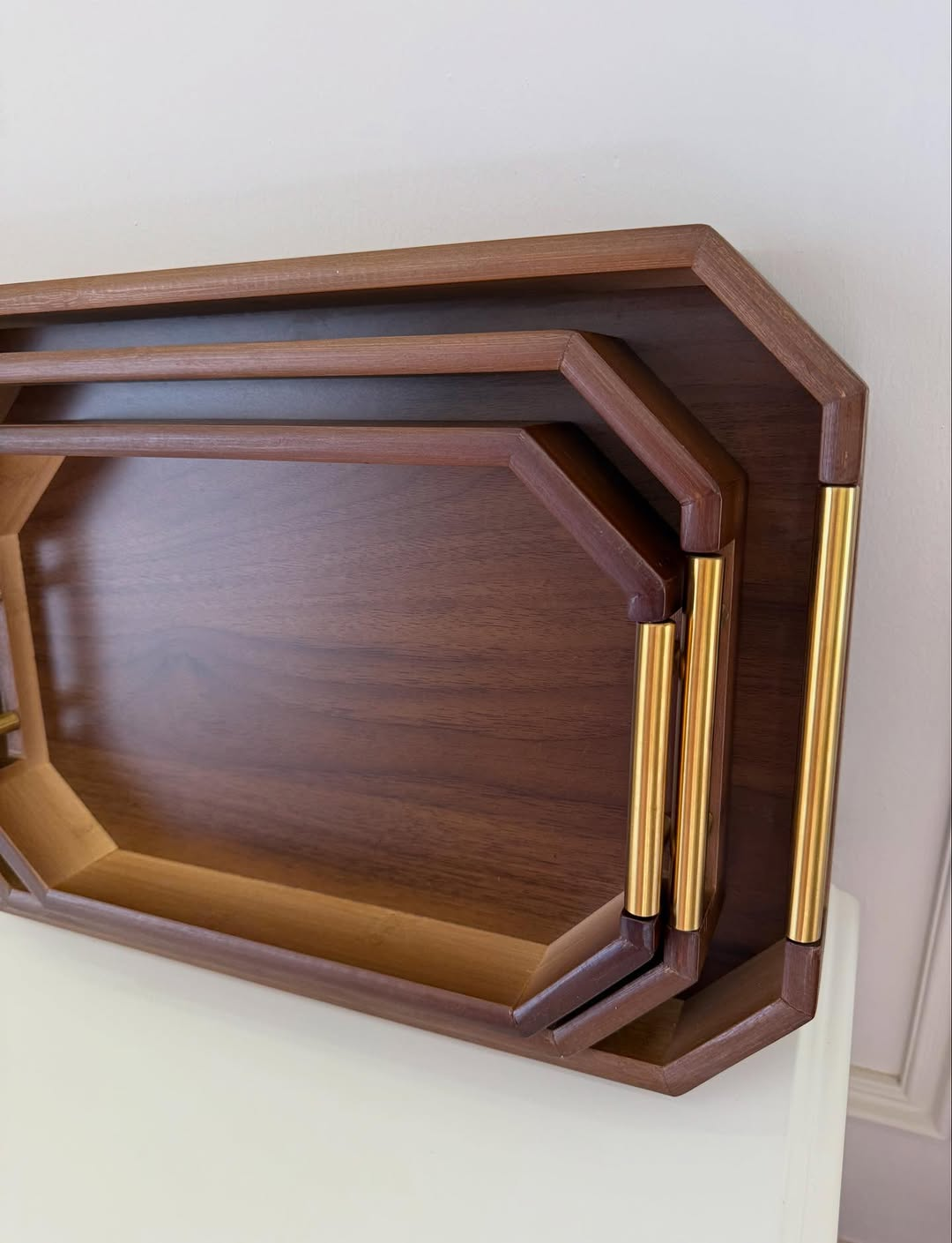 3-Piece Wooden Serving Tray Set With Gold Metal Handle 14 3-Piece Wooden Serving Tray Set With Gold Metal Handle