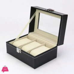 3- Slot Black PU Leather Watch Storage Box