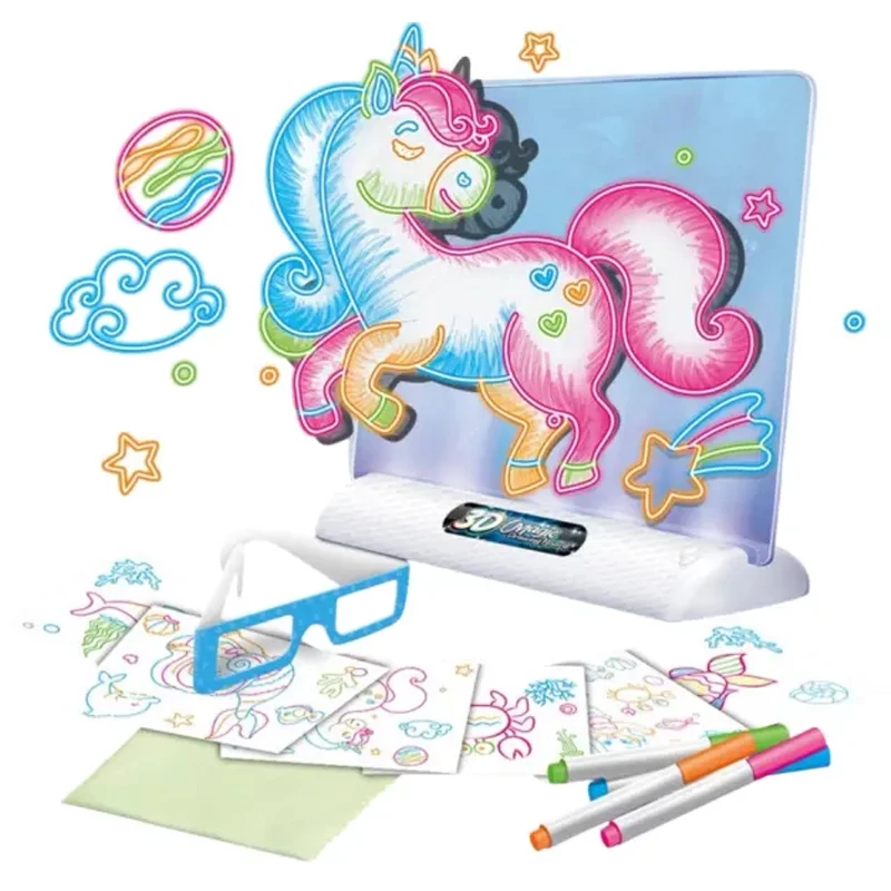 Unicorn 3D Magic Drawing Board With Led Backlight &Amp; 4 Neon Markers And Glasses