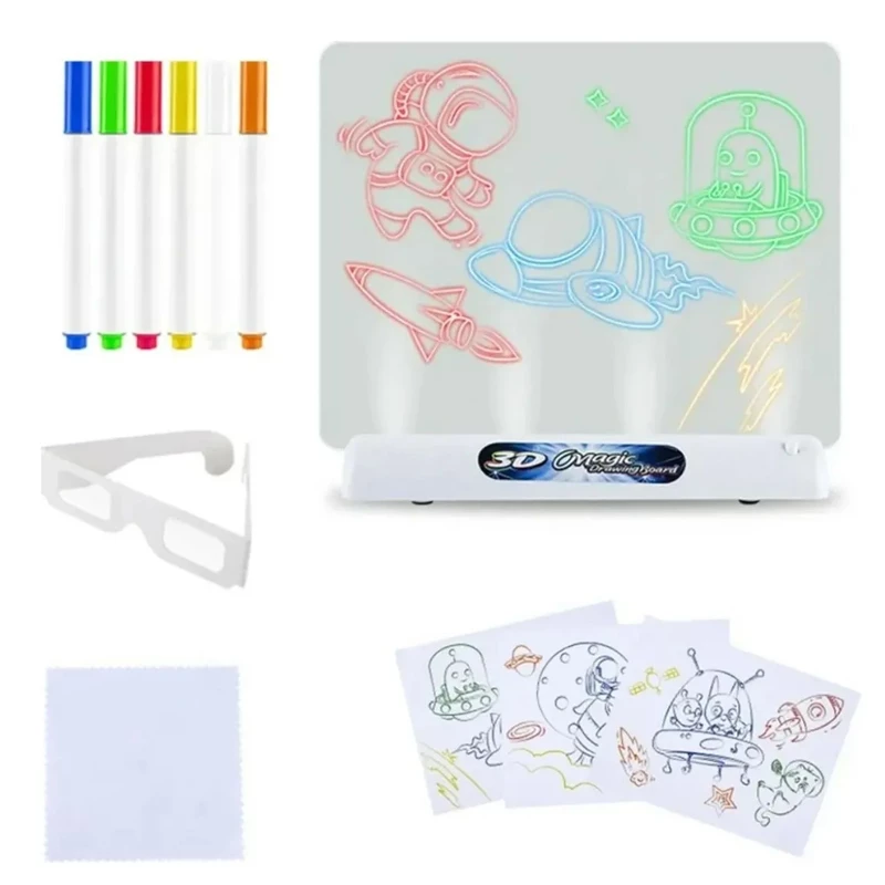 Unicorn 3D Magic Drawing Board With Led Backlight &Amp; 4 Neon Markers And Glasses
