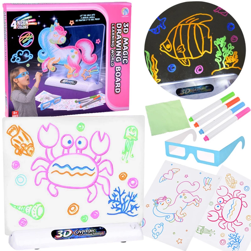 Unicorn 3D Magic Drawing Board With Led Backlight &Amp; 4 Neon Markers And Glasses