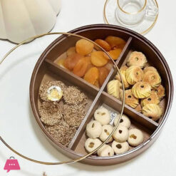 4 Compartment Round Divided Dry Fruits Snacks Tray With Gold-Rimmed Glass Lid 28Cm
