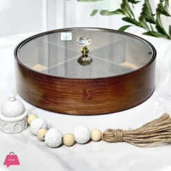 4 Compartment Round Divided Dry Fruits Snacks Tray With Gold-Rimmed Glass Lid 28Cm