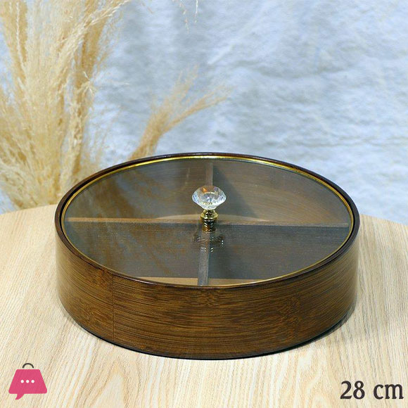 4 Compartment Round Divided Dry Fruits Snacks Tray With Gold-Rimmed Glass Lid 28Cm