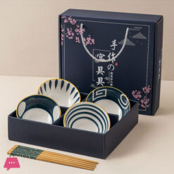 6Pcs Koren Style Porcelain Bowl And Chopstick Set, Ceramic Tableware With Camellia Design, Microwave Safe, Round Shape