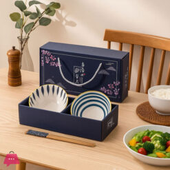 6Pcs Koren Style Porcelain Bowl And Chopstick Set, Ceramic Tableware With Camellia Design, Microwave Safe, Round Shape