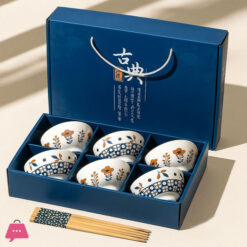 6Pcs Koren Style Porcelain Bowl And Chopstick Set, Ceramic Tableware With Camellia Design, Microwave Safe, Round Shape