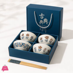6Pcs Koren Style Porcelain Bowl And Chopstick Set, Ceramic Tableware With Camellia Design, Microwave Safe, Round Shape