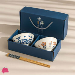 6Pcs Koren Style Porcelain Bowl And Chopstick Set, Ceramic Tableware With Camellia Design, Microwave Safe, Round Shape
