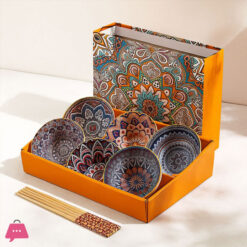 6Pcs Koren Style Porcelain Bowl And Chopstick Set, Ceramic Tableware With Camellia Design, Microwave Safe, Round Shape