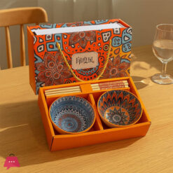 6Pcs Koren Style Porcelain Bowl And Chopstick Set, Ceramic Tableware With Camellia Design, Microwave Safe, Round Shape