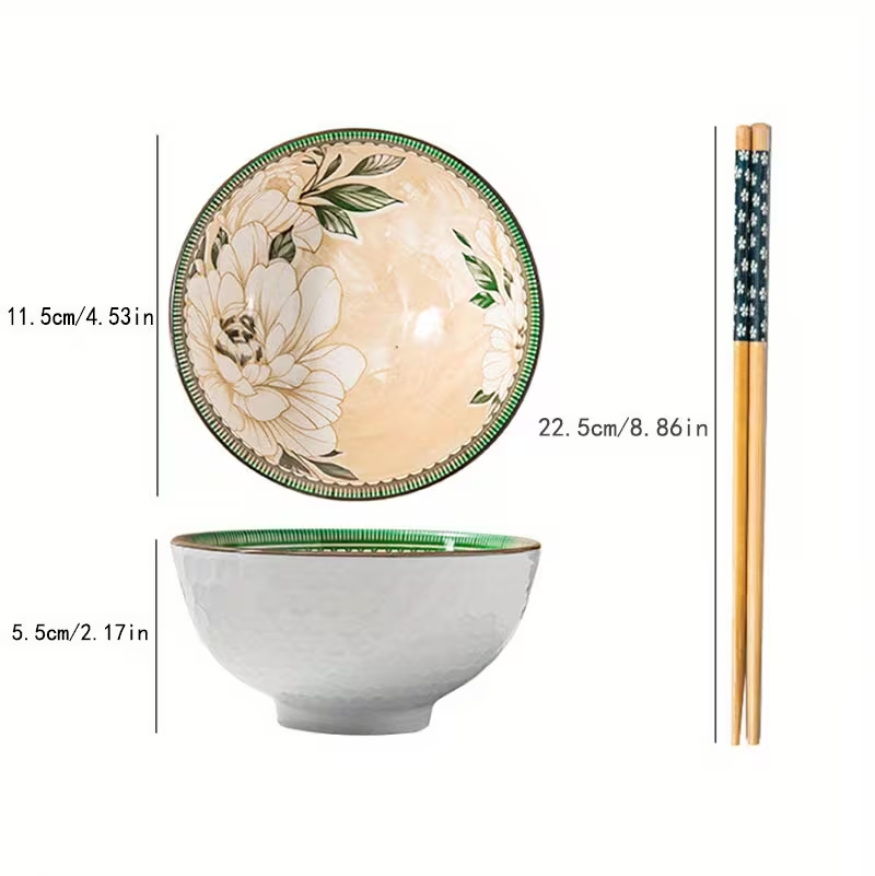 6Pcs Koren Style Porcelain Bowl And Chopstick Set, Ceramic Tableware With Camellia Design, Microwave Safe, Round Shape
